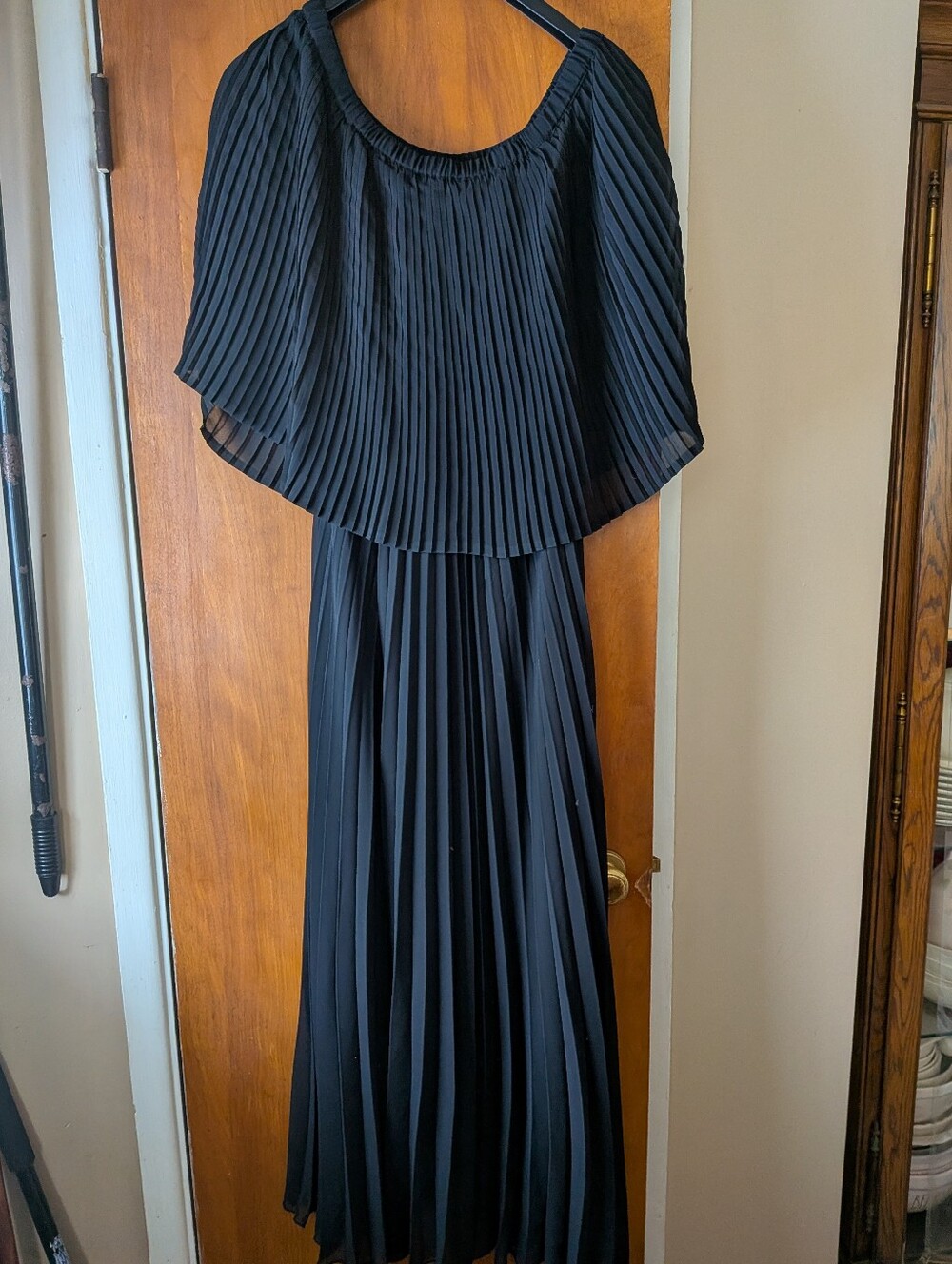 Elegant Black Pleated Maxi Dress with Cape Overlay